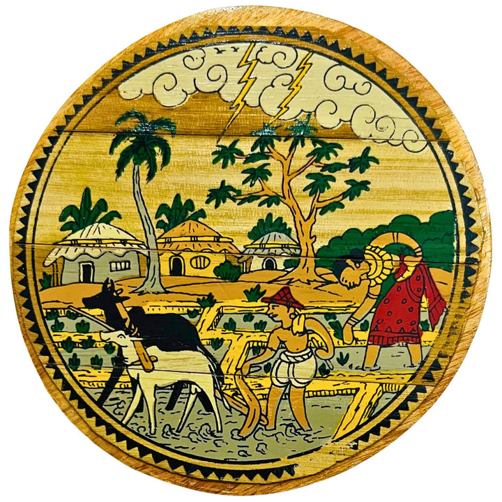 Palm Leaf Coated Wooden Coaster | Pattachitra Art (Villagers Theme) - Set of 5 - Taalapatra