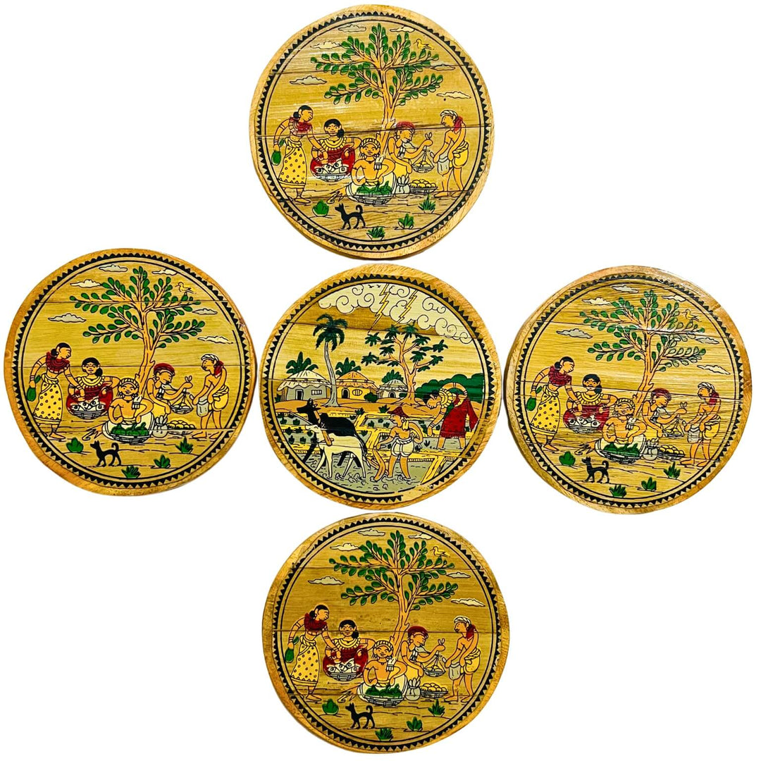 Palm Leaf Coated Wooden Coaster | Pattachitra Art (Villagers Theme) - Set of 5 - Taalapatra