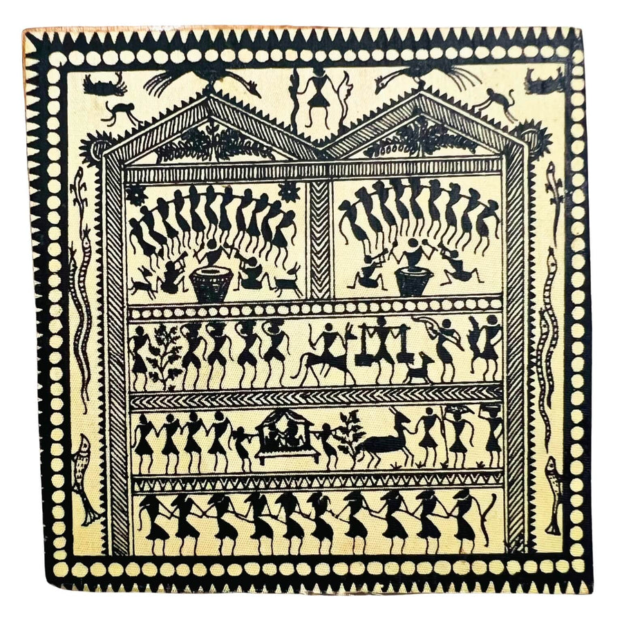 Fabric Coated Wooden Coaster | Saura Pattachitra Art (Tribal Theme) - Set of 2 - Taalapatra