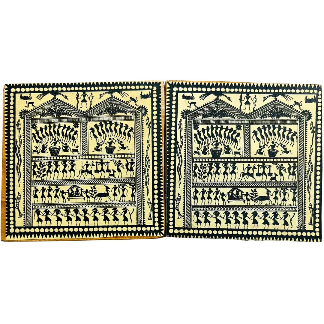 Fabric Coated Wooden Coaster | Saura Pattachitra Art (Tribal Theme) - Set of 2 - Taalapatra