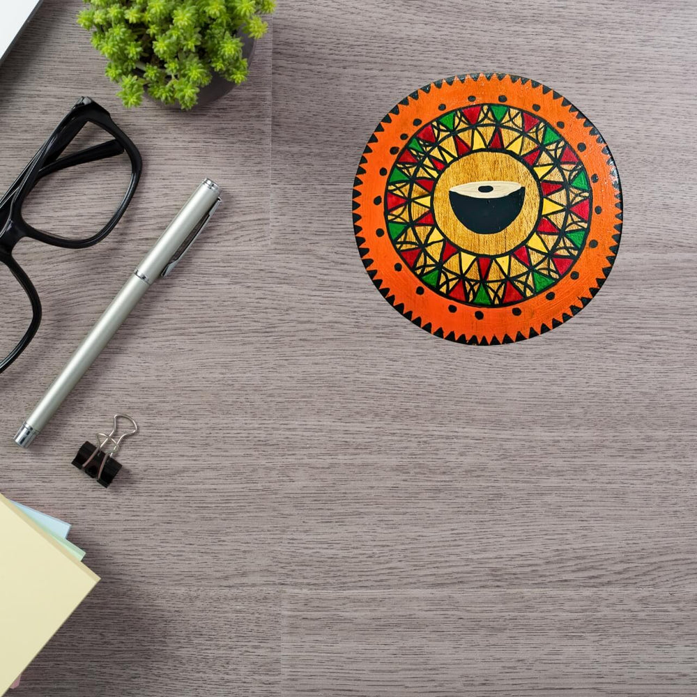 Hand Painted Round Wooden Coaster | Tabla Centric (Set of 2) - Taalapatra