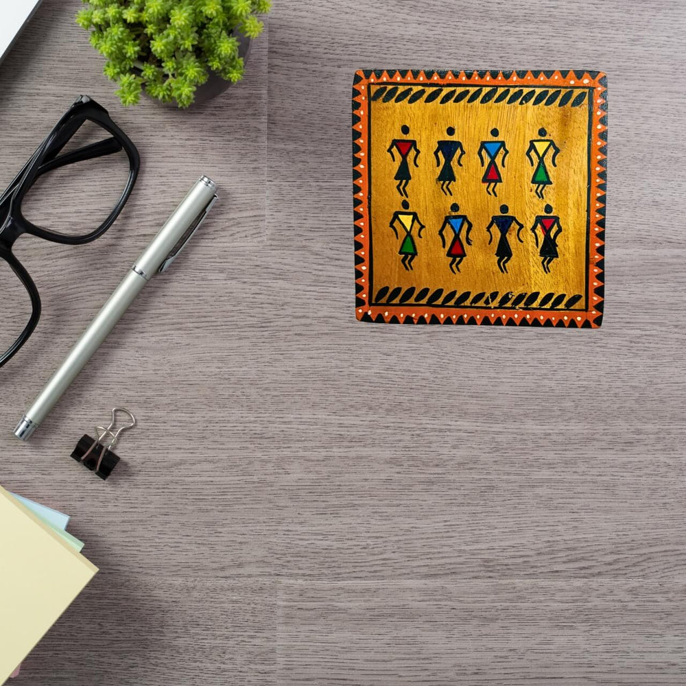 Hand Painted Square Wooden Coaster | Tribal Theme (Set of 4) - Taalapatra