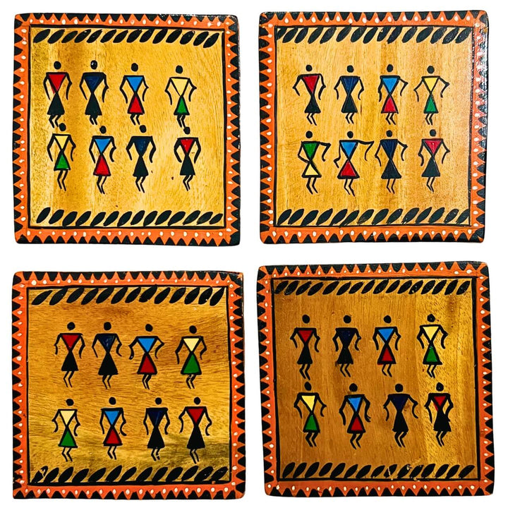 Hand Painted Square Wooden Coaster | Tribal Theme (Set of 4) - Taalapatra