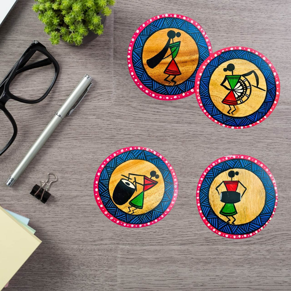 Hand Painted Round Wooden Coaster | Tribal Women Playing Music (Set of 4) - Taalapatra