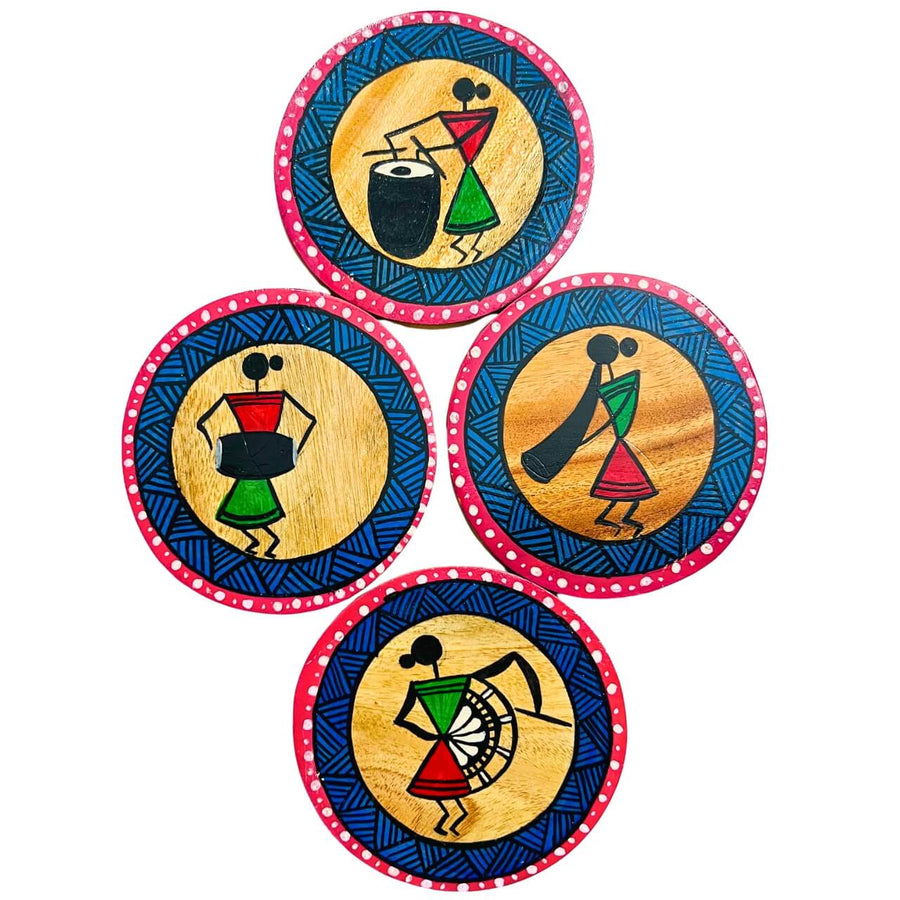 Hand Painted Round Wooden Coaster | Tribal Women Playing Music (Set of 4) - Taalapatra