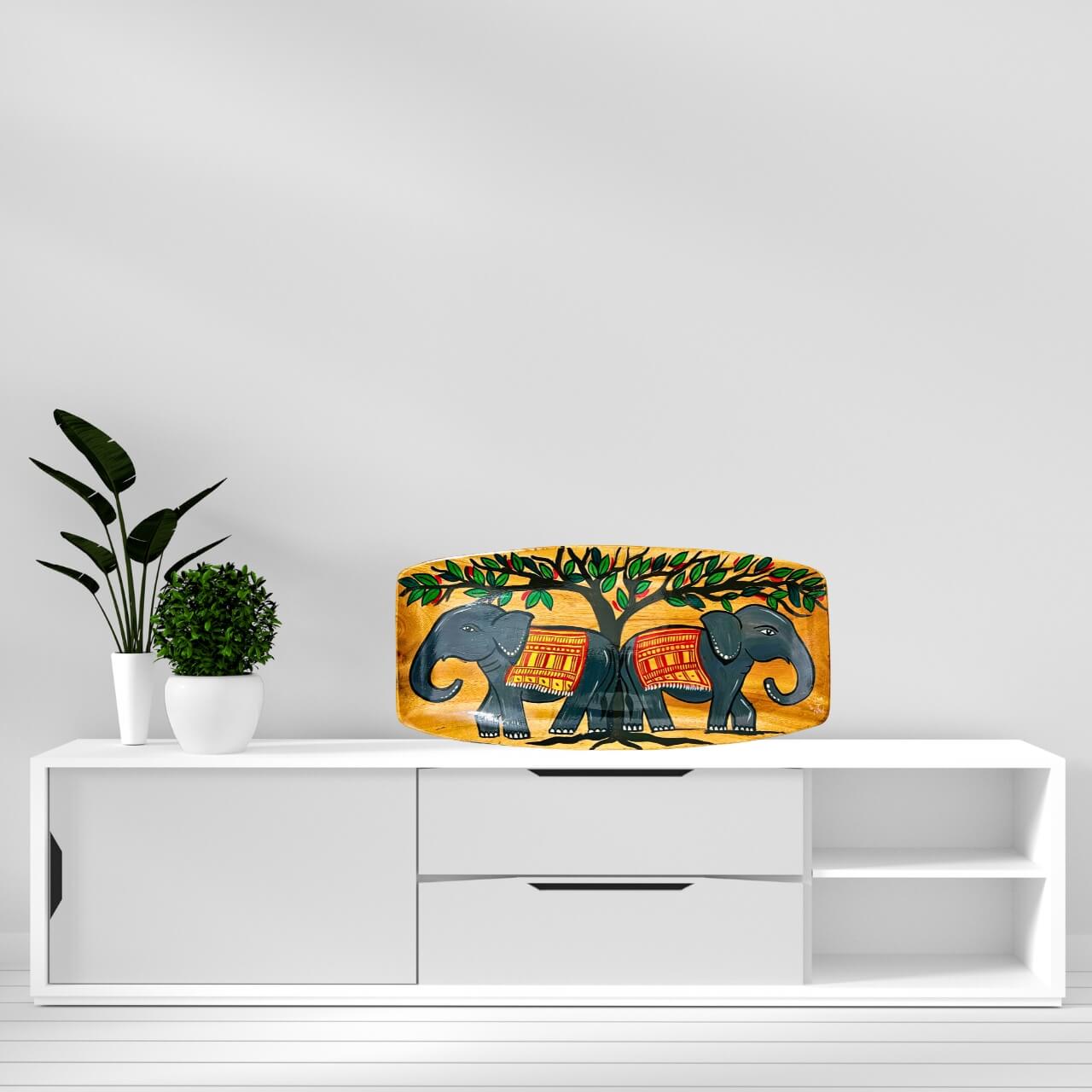 Hand Painted Decorative Wooden Tray | Two Elephants - Taalapatra Vibes