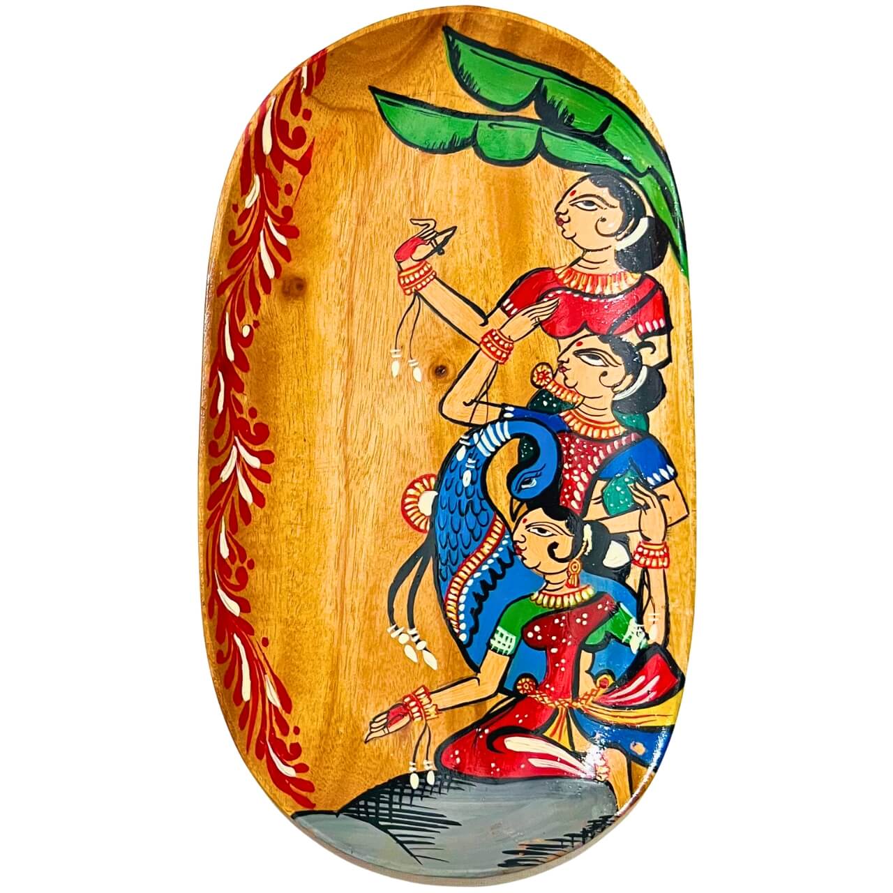 Hand Painted Decorative Wooden Tray | Group of Women & a Peacock - Taalapatra Vibes