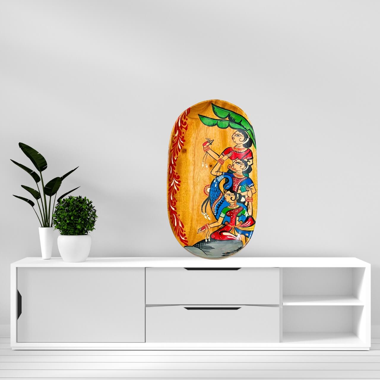 Hand Painted Decorative Wooden Tray | Group of Women & a Peacock - Taalapatra Vibes