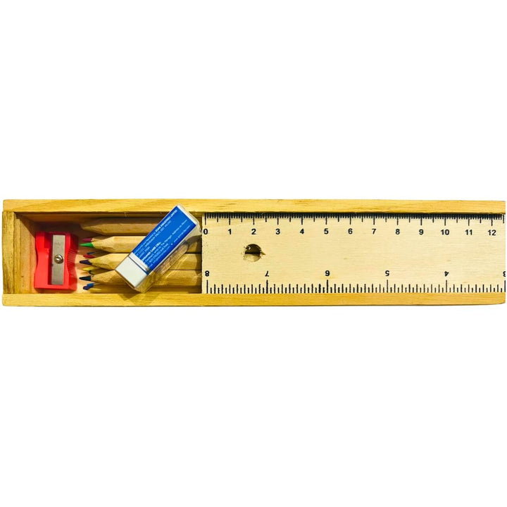 Wooden Pencil Box | Colour Pencils, Scale, Eraser & Sharpener - Taalapatra