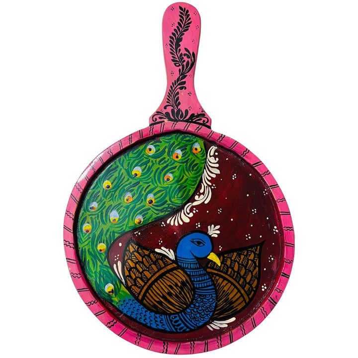 Pattachitra Painting on Wooden Tennis Style Tray / Wall Hanging (Small) - Peacock-2 - Taalapatra