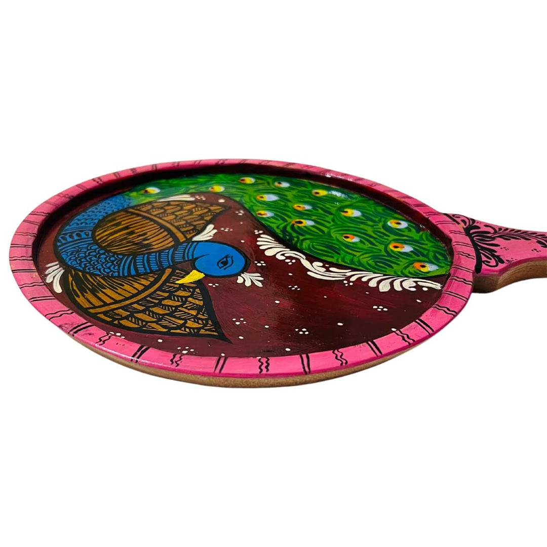Pattachitra Painting on Wooden Tennis Style Tray / Wall Hanging (Small) - Peacock-2 - Taalapatra