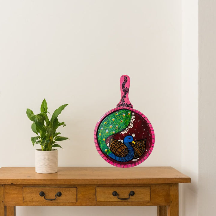 Pattachitra Painting on Wooden Tennis Style Tray / Wall Hanging (Small) - Peacock-2 - Taalapatra